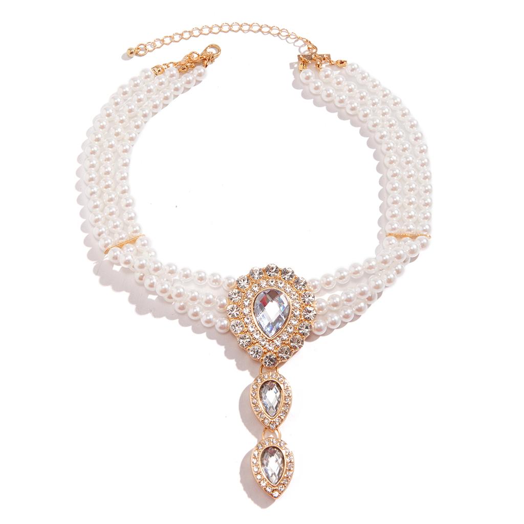 Multilayer Elegant Imitation Zircon Chain Necklace Bracelet for Women Creative Water Drop Rhinestone Zircon Set Wed Accessories