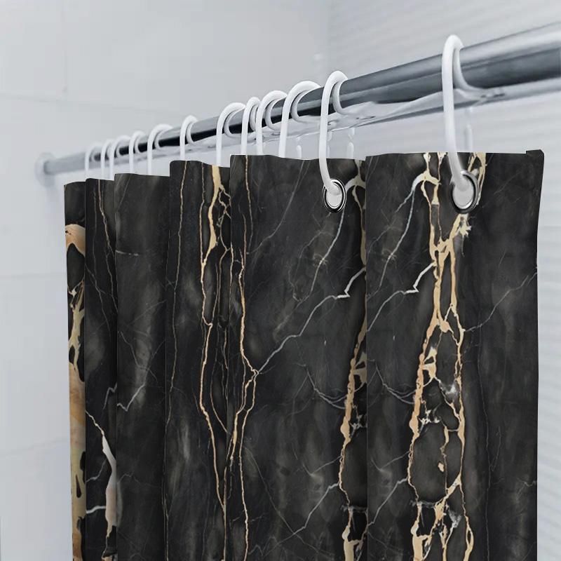 Black Marble Shower Curtain with Golden Veins Decorative Waterproof Bath Mat for Home Bathroom Size Customizable