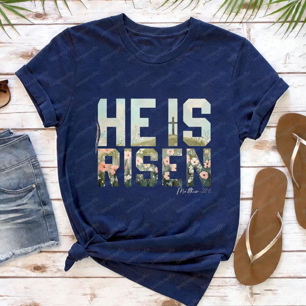 He Is Risen Matthew Easter T Shirt for Women Christian Religious Graphic Tees Casual Short Sleeve Faith Based Holiday Tops