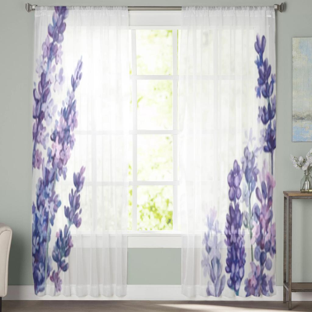 Flower Lavender Watercolor Sheer Window Curtains For Living Room Bedroom Modern Voile Tulle Curtains Fabric Drapes For Kitchen