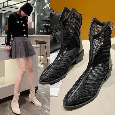 Moda 2024, zapatos de verano, botas para mujer, zapatos de malla transpirables para mujer, calzado de verano para mujer, botas tobilleras blancas y negras con cremallera