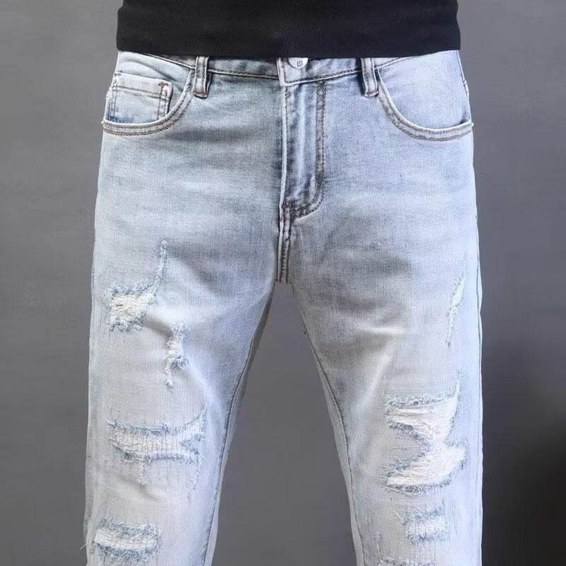 JYL Men's Cropped Jeans Summer Light Ripped Korean Slim Stretch Casual Denim Pants