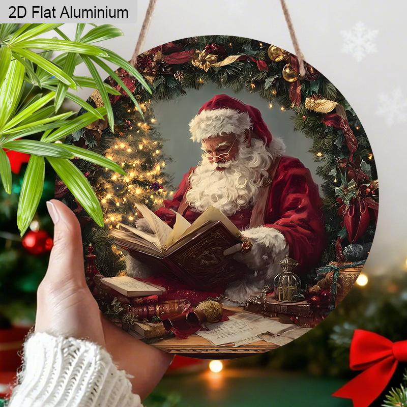 2D Flat Aluminium Christmas Sign with Santa Claus Pattern - Navidad Figurine Ornaments - Ideal for Front Door, Wall, Porch, Fence Decor - Ideal