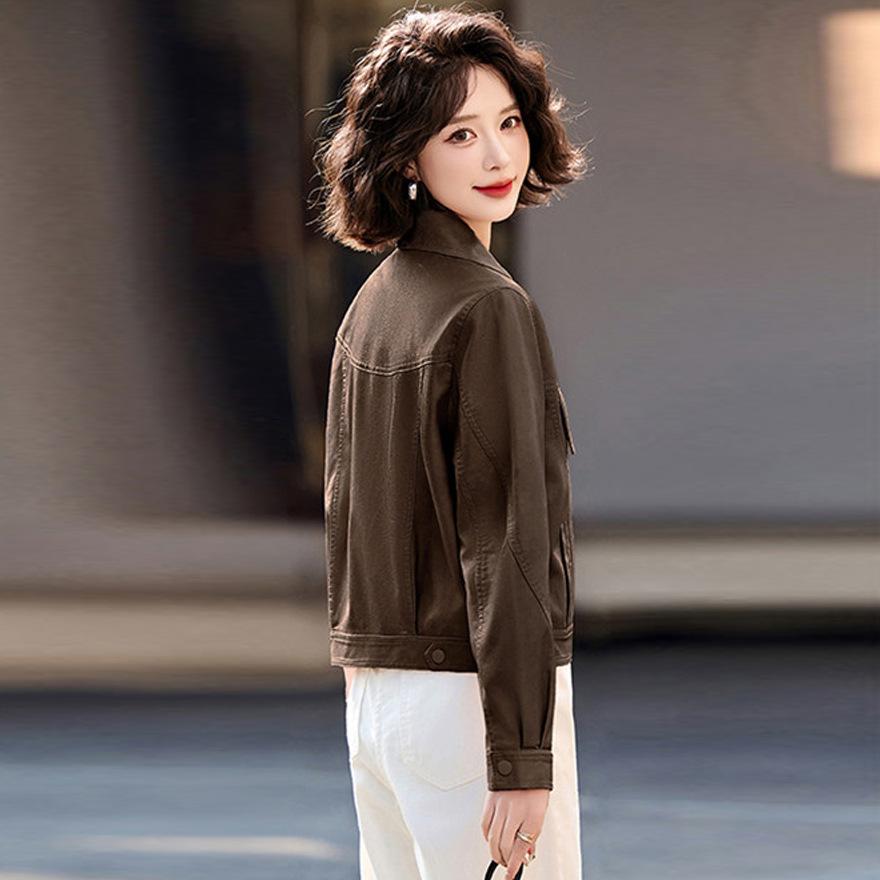 Spring and Autumn New Fashion Lapel Soft Leather Top Jacket Women's Versatile Skinny Casual Jacket Women's Trend