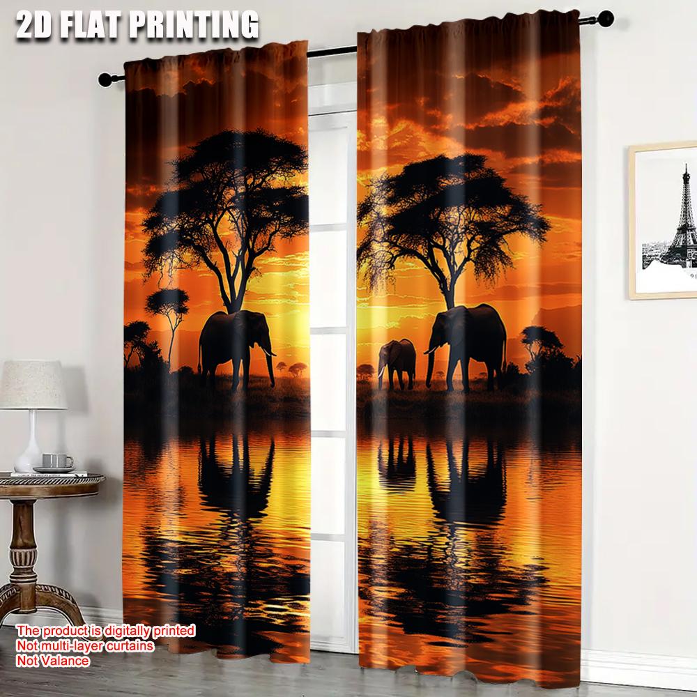 Set Of 2 Plane Printing Popular Curtain Panels African Sunset Elephant Polyester Without Rod Decorations Outdoor Use