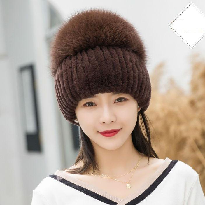 Winter Warm Women Cap Fox Fur and Rex Rebbit Fur Hat Good Elasticity