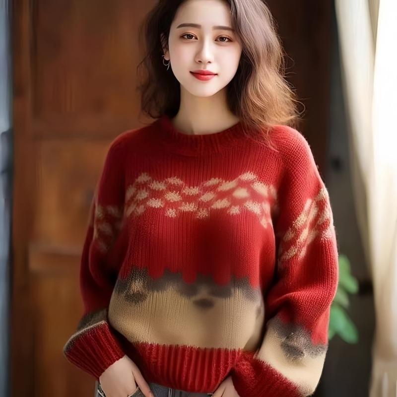 Fashion Retro Print Loose Pullovers Sweaters Women Winter New Soft Casual Women Knitted Sweater Tops Elegant Round Neck Slim Ladies Knit Jumpers 25471