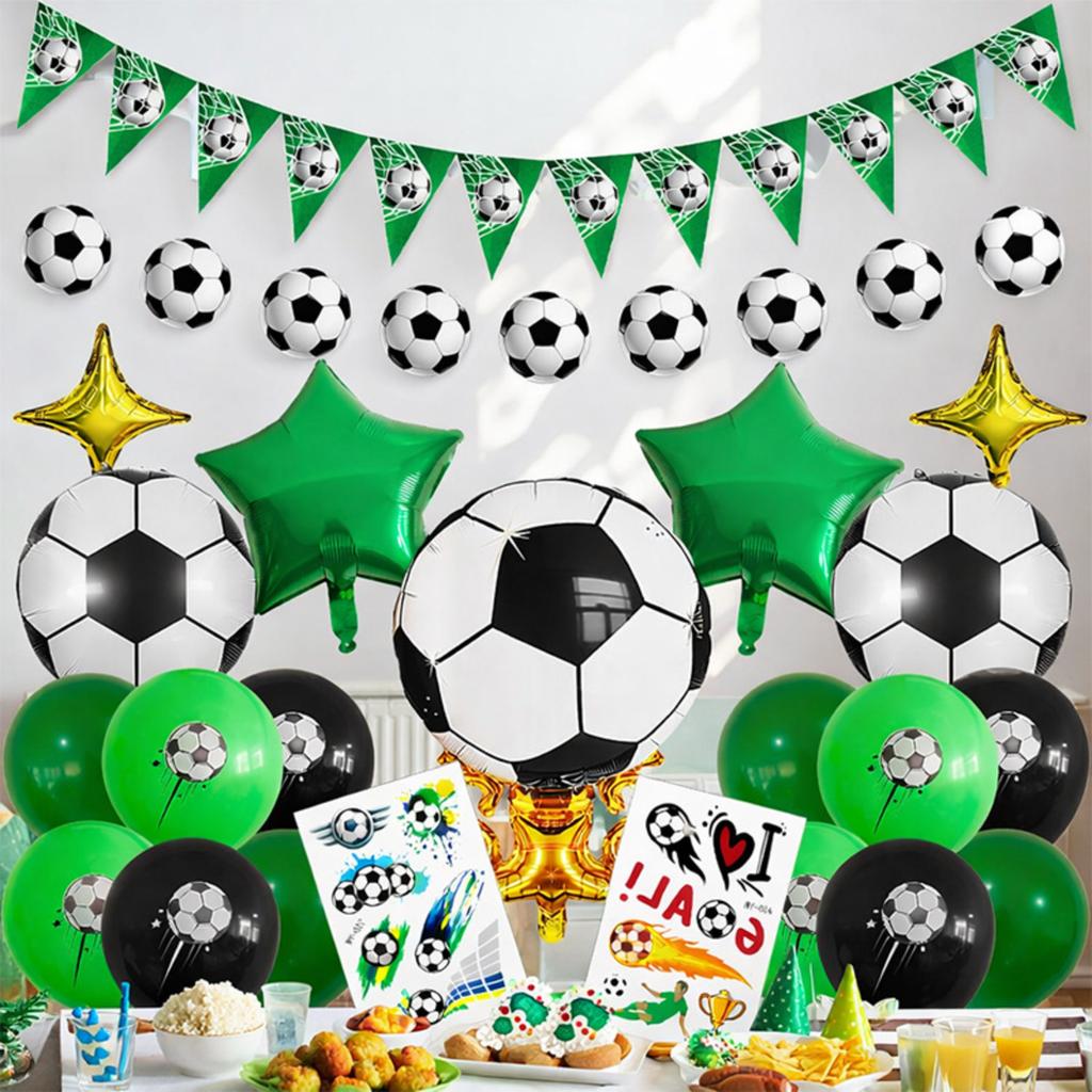 Soccer Themed Party Decorations Set with Balloons Banner Foil Stars and Soccer Ball Print Stickers for Birthday Event Celebration