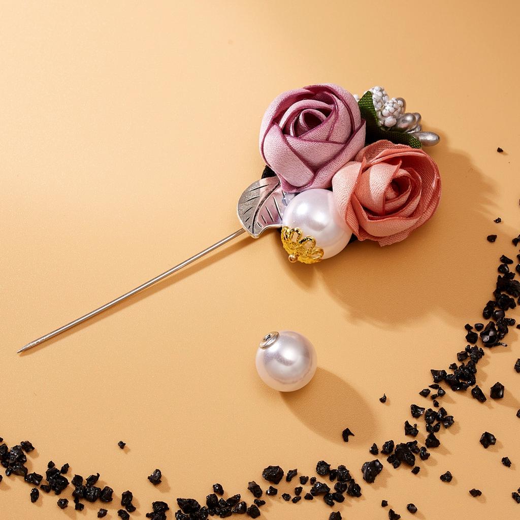 Romantic Cloth Art Fabric Rose Flower Long Needle Brooches For Women Men Double Floral Imitation Pearl Pins Suit Jewelry