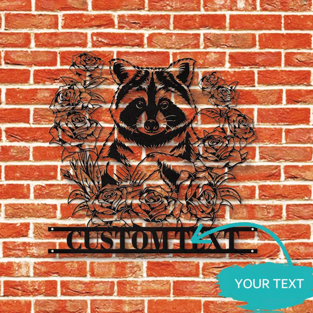 Custom Raccoon Floral Metal Wall Art, Personalized Name Sign for Garden Front Door, Unique Handmade Home Decor