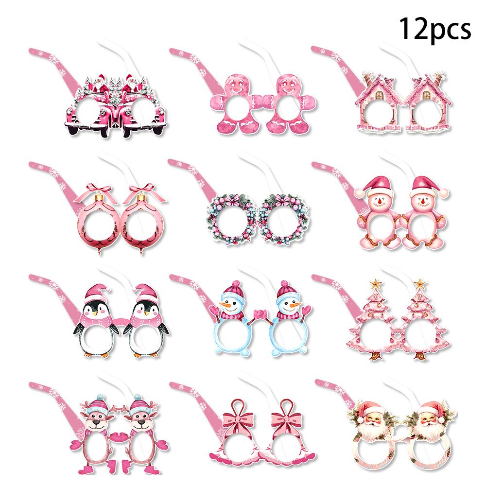 12pcs Pink Christmas Paper Glasses Snowman Penguin Reindeer Bell Santa Claus Paper Glasses Frame Christmas Photo Props Kid Gift