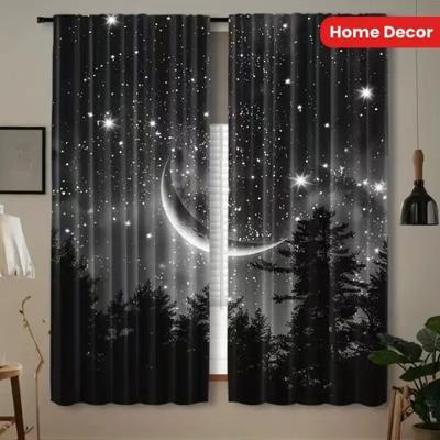 2pcs Starry Moon Forest Polyester Curtains - Set of Two Window Treatments
