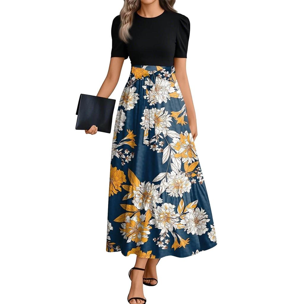 Women's Floral Print High Waist Fashionable And Elegant Dress