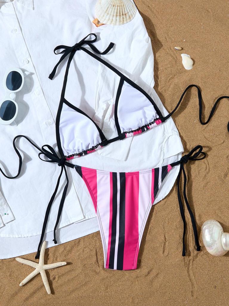 Gestreifter Print Krawatten-Dreieck Sexy geteilter Bikini Badeanzug für Damen