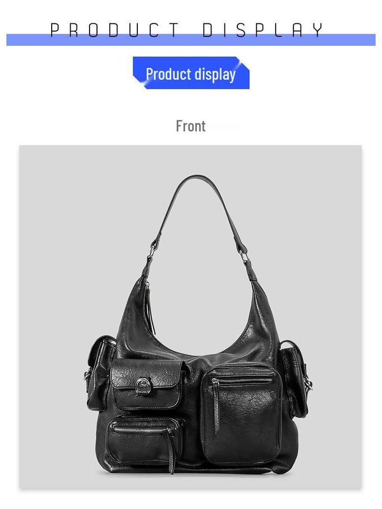 2024 Retro Multi-Pocket PU Motorcycle Shoulder Bag - Large Capacity Punk Style Handbag for Women
