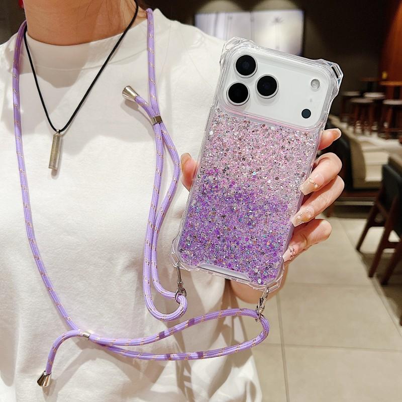 Four Corners Strap Glitter Case For iPhone 17 Pro Max 16 15 11 12 13 14 Plus Air Shockproof Crossbody Lanyard Rope Cord Cover