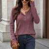 Autumn Winter Solid Color Round Neck Button Loose Long Sleeve T-Shirt Top for Women