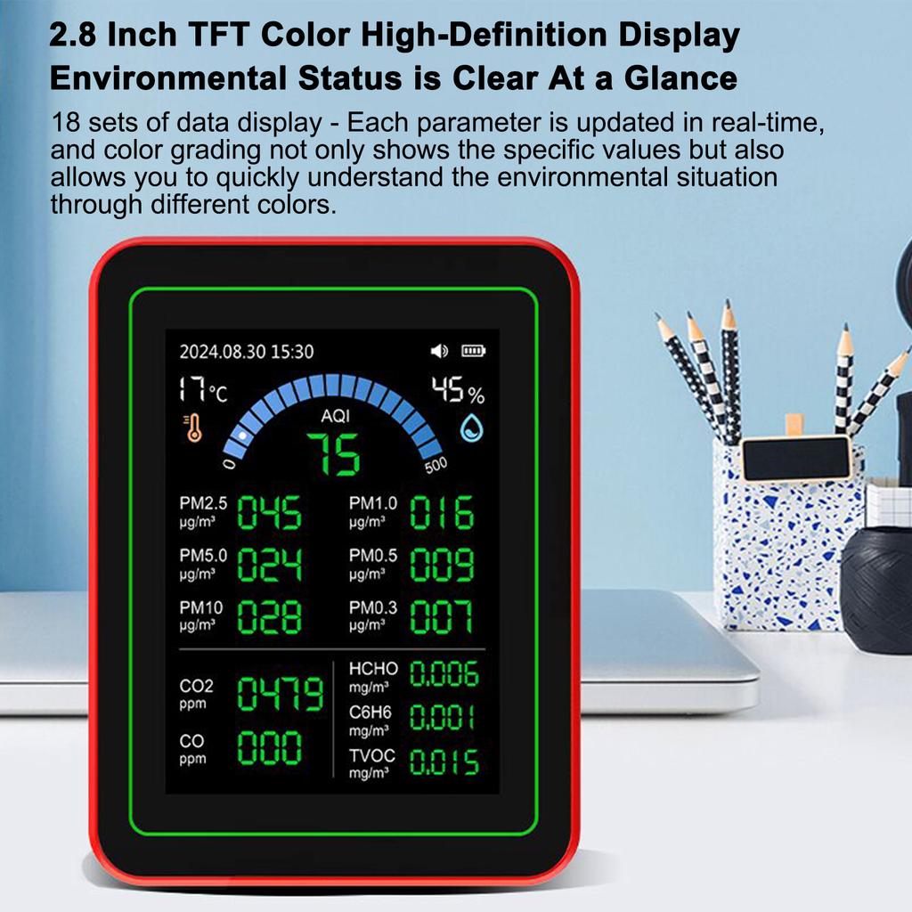 18 in 1 HCHO Meter, Temperature and Humidity Meter with Color Screen for Home Office, Detect Indoor