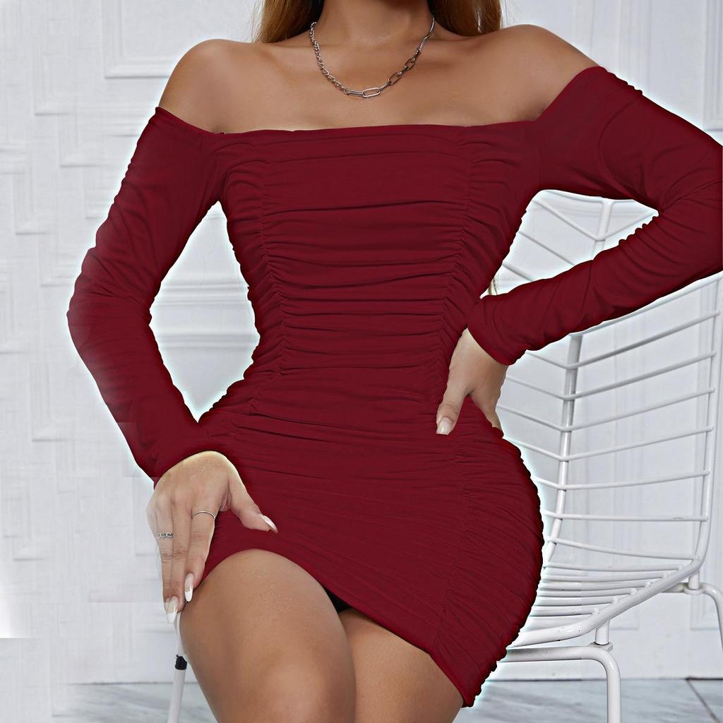 Fashionable Women's One Neck Long Sleeved Pleated Hip Hugging Dress, Sexy Strapless Nightclub Party Mini Skirt