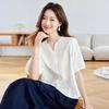Women Summer Short Sleeve Embroidered Blouse White V Neck Casual Top