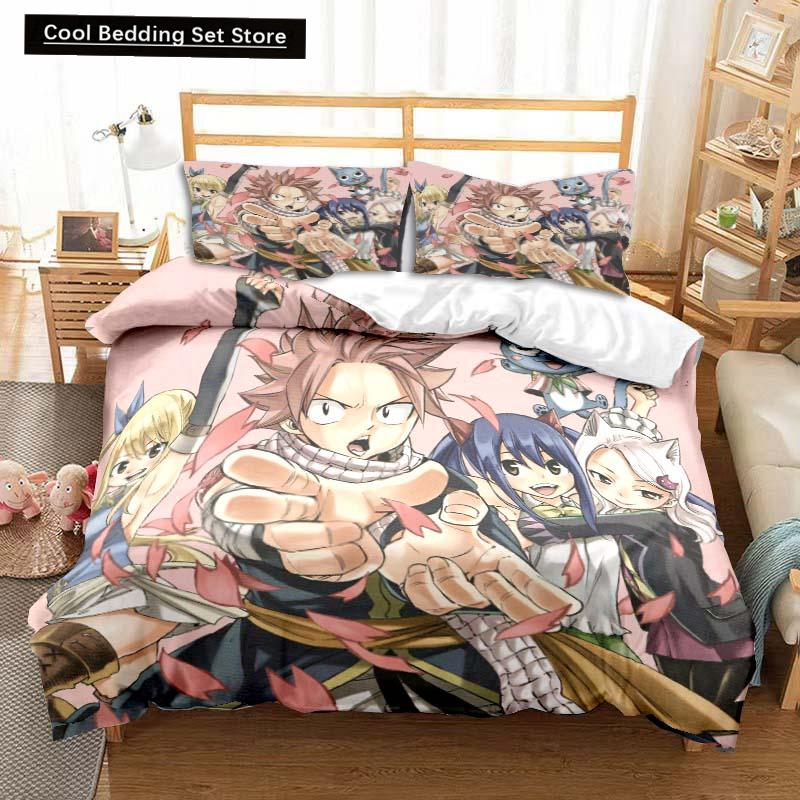 3D Anime Fairy Tail Bedding Set Bed Three-piece Set Duvet Cover Single Double Bed Queen Size Duvet Cover Set Adult Kid's Bedroom
