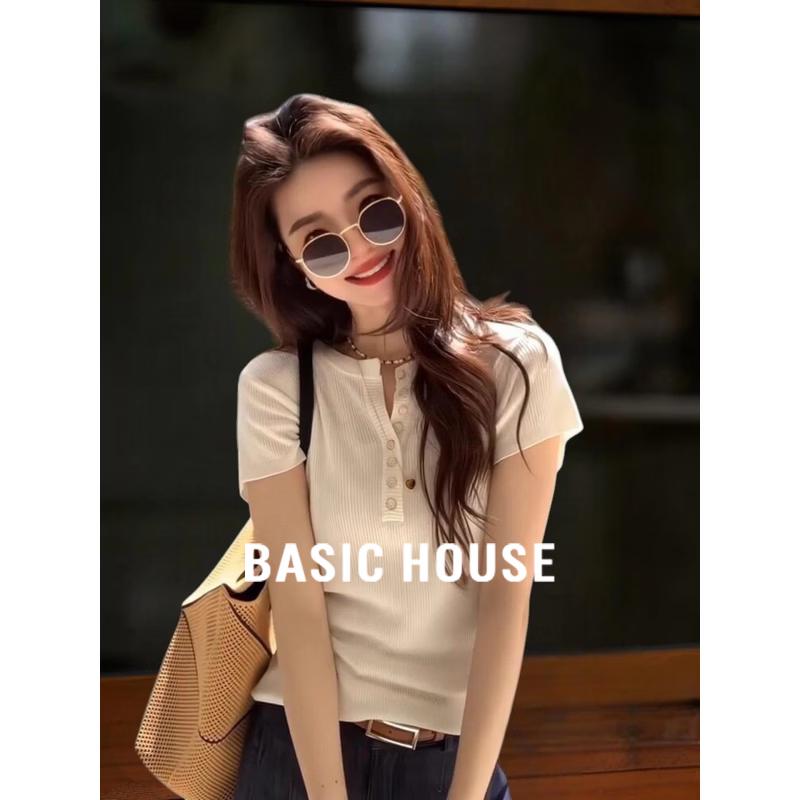 Basic House Women s Half-Open Collar Short Sleeve T-shirt M