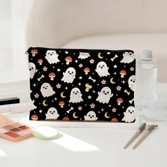 Student Stationery Pencil Pouch Cosmetic Bag, Halloween Pattern Print Makeup Canvas Anti Pilling Bag Zipper Pouch, for Change Data Cable Storage