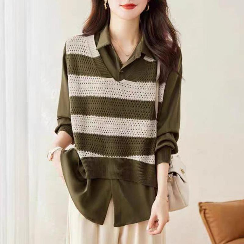Stitching Shirts, Fake Two-piece Sweaters, Women's Western Style, Age-reducing Outer Wear, Fashion Striped Knitwear, Women