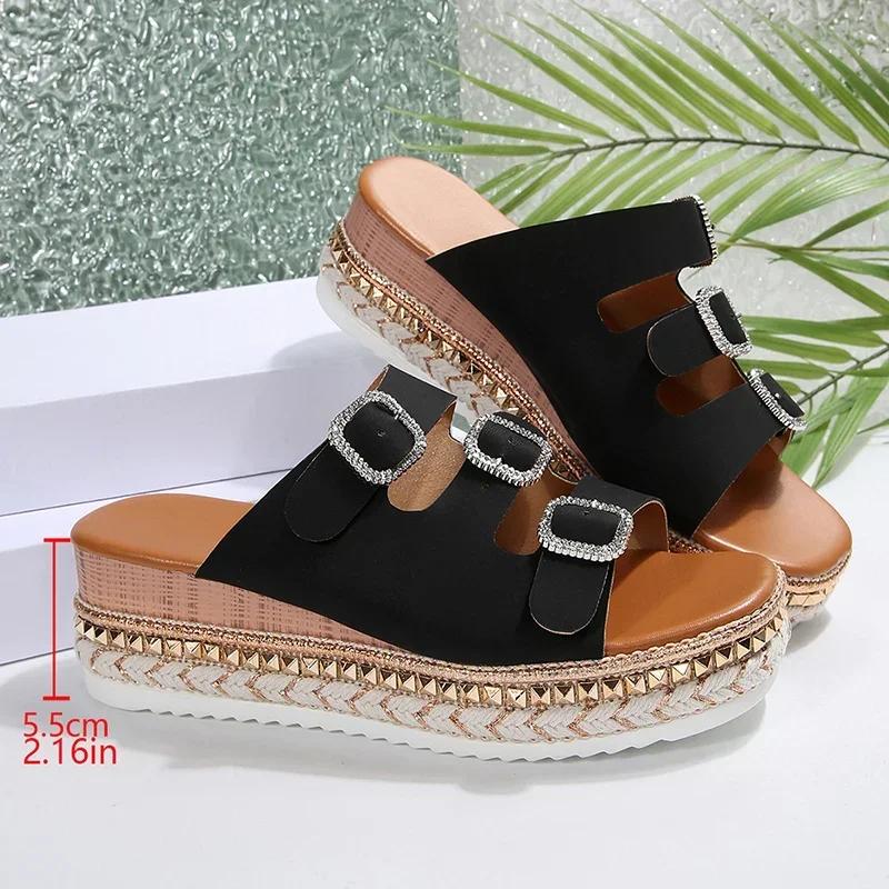 Fashion Fashion Women Shoes Summer White Pu Leather Platform Sandals Women Crystal Buckle Thick Bottom Slippers Women Wedge Heel Sandles