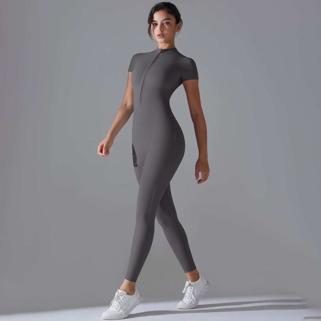 European-American Open-Neck Zipper Jumpsuit: Sexy, Tight-Fitting Short-Sleeve Dance & Yoga Bodysuit for Women