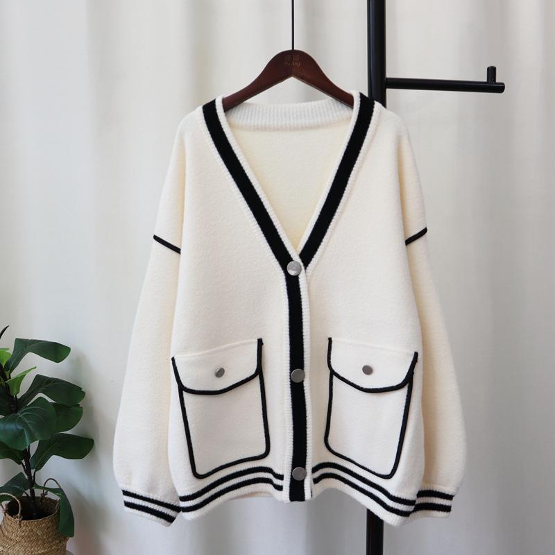 Contrasting Color Loose Knitted Double-sided Cardigan Autumn and Winter New Casual Versatile Temperament Sweater Jacket Women