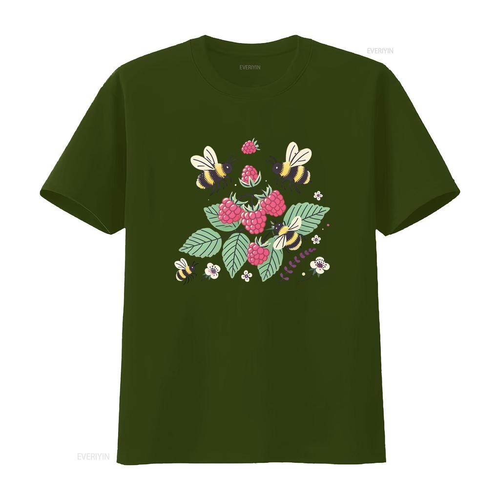 Cute Cartoon Bumblebee Raspberry Wild Floral Nature Print Casual T Shirt vintage Washed Stylish Unisex Stretched Versatile