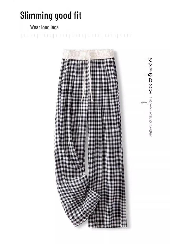 Women's 2025 Spring/Autumn Plaid Wide-Leg Drape Pants - Color Block, Elastic Waist, Versatile Straight-Leg Style.