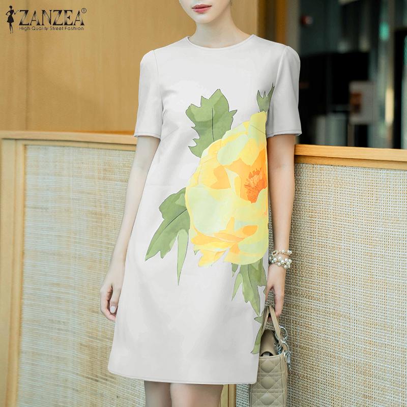 ZANZEA Vestido casual de manga corta con estampado floral y cuello redondo para mujer