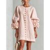 French Style 3D Floral Cotton Linen Dress, Lantern Sleeve Round Neck Single Breasted Loose Slimming Vacation Mini Dress