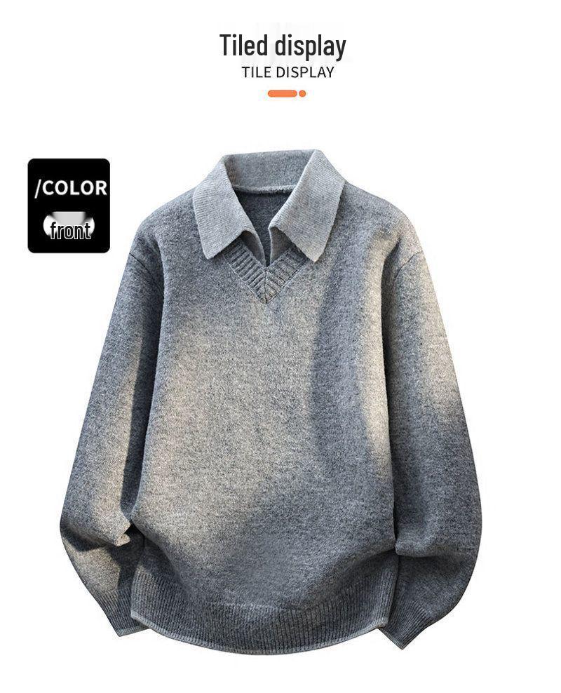 Men's Trendy Faux Two-Piece Lapel Sweater - Autumn/Winter Thickened Velvet Casual Knit Base Layer