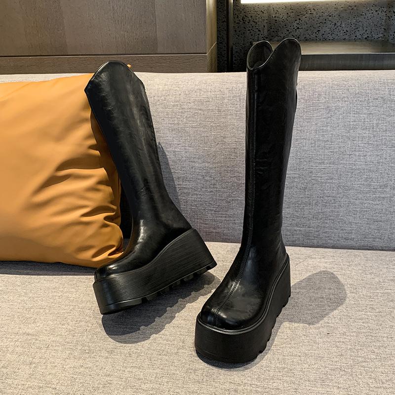 2025 New 8.5cm Women's Thick Bottom Long Boots Ankle High Autumn New Style Knight Boots Round Toe Simple Design Casual Boots