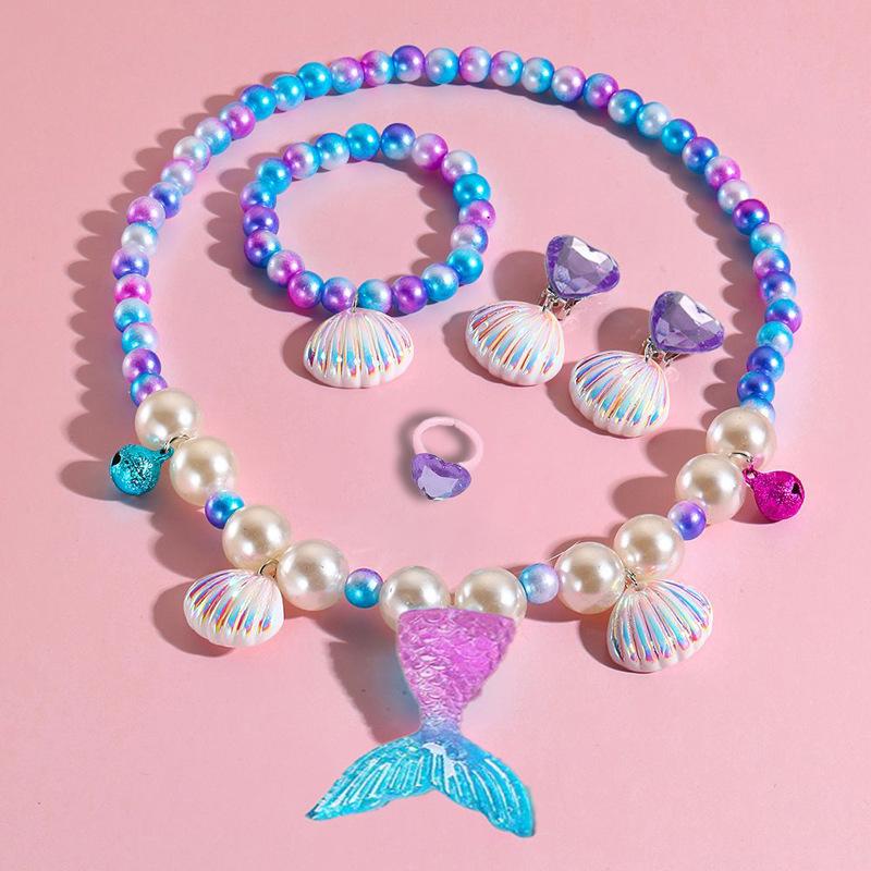 Children's Mermaid Jewelry Set: Necklace, Bracelet, Ear Clips, Rings - Cute Princess Design