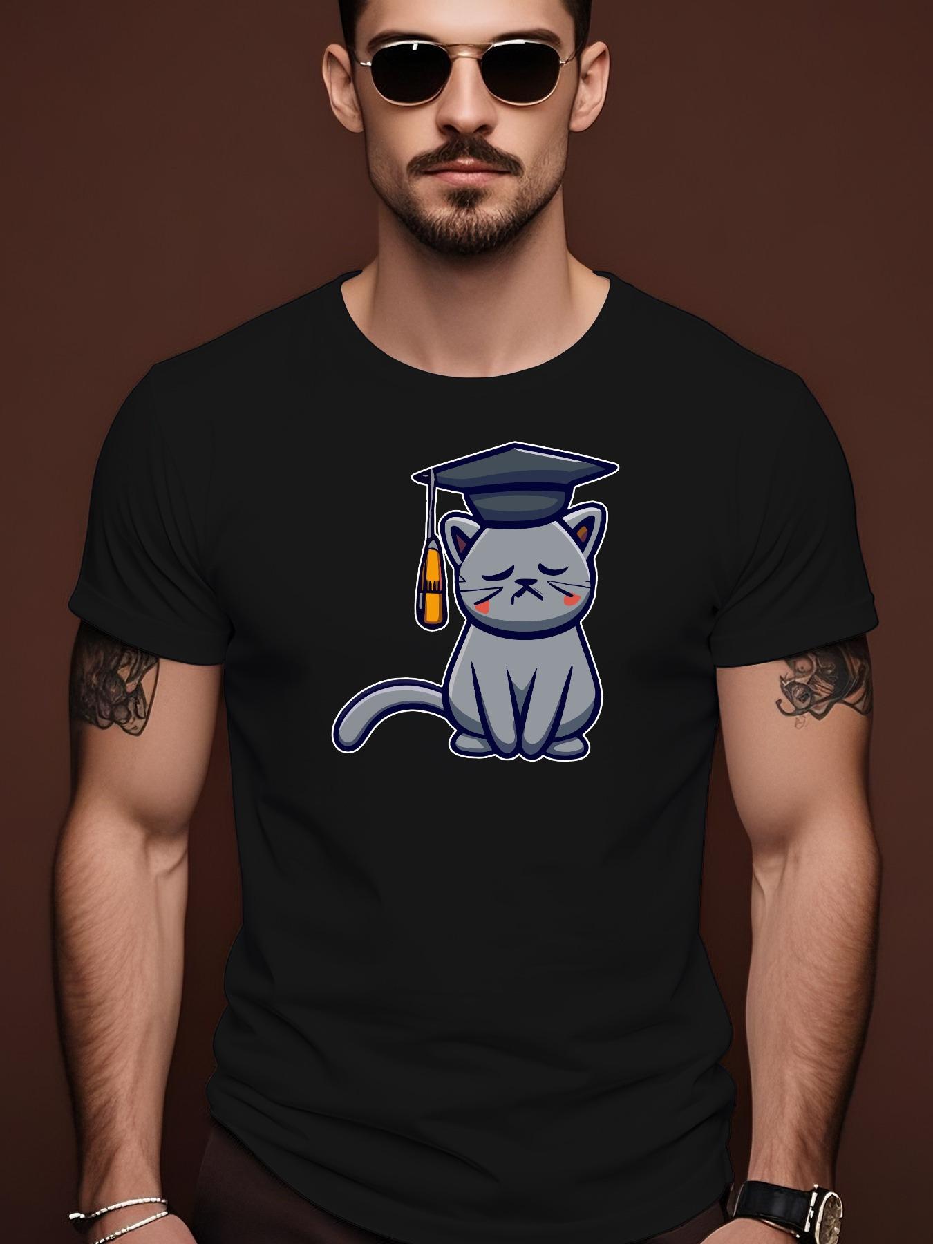 Short Sleeve Tshirt with Graduation Cap Cat Graphic - Vib... M