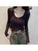 Autumn U-neck Long-sleeve Waist-cinching Sexy Slim Fit Versatile Solid Color Top