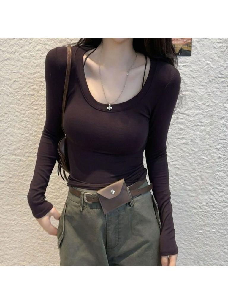 Autumn U-neck Long-sleeve Waist-cinching Sexy Slim Fit Versatile Solid Color Top