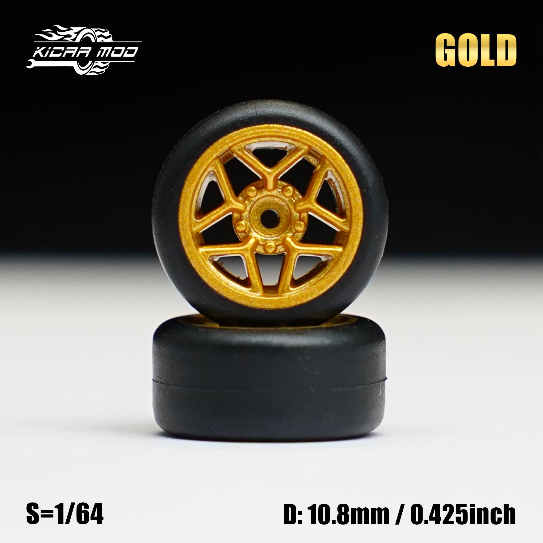 Voiture Modèle 1/64 Roue Dorée Avec Pneus Caoutchouc Fixes Livrée Avec Rivets Pour Pièces de Modification de Modèle Diecast Pour Roues 4Pcs 1Se