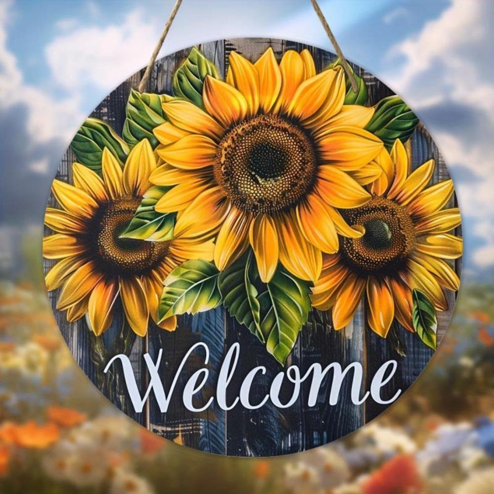 Hisun Tin Sign Vintage Welcome Sunflower Metal Tin Sign Retro Rustic Yellow Sunflower On Dark Wood Round Wall Art Decor Classic Farmhouse Flo