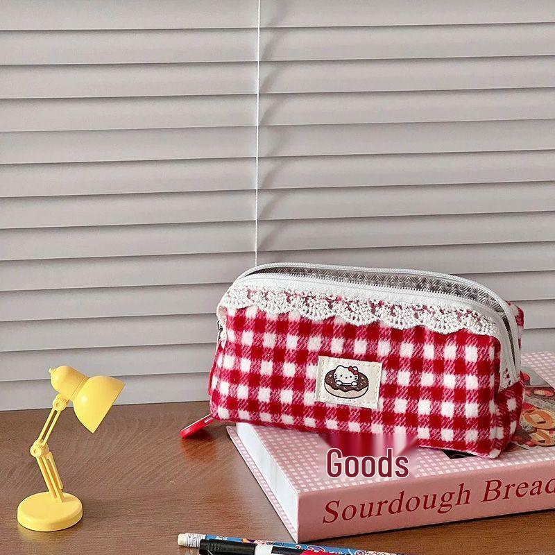 Красный клетчатый кошачий пенал для карандашей и косметики - Большая вместимость, Портативный, Милый дизайн