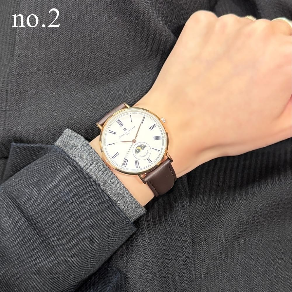 Salvatore Marra Sun and Moon Slim Quartz Leather Belt Men's Watch No.2 White Gold Shopper
