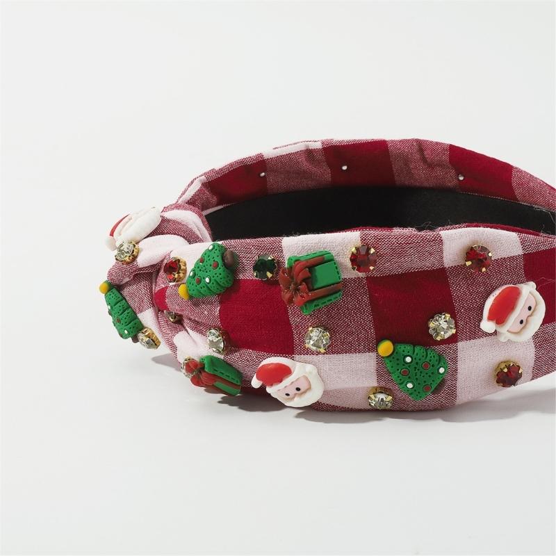 Christmas Theme Headband for Women Girl Non-Slip Knot Turban Headband Makeup Hairhoop Rhinestone Charm Plaids Hair Hoop