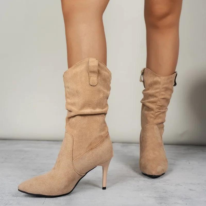 Fashion 2024 Plus Size Ladies Shoes Mid-Calf Women's Boots New Modern Boots Women Pleated Pointed Toe High Thin Heel Slip on Shoes Women
