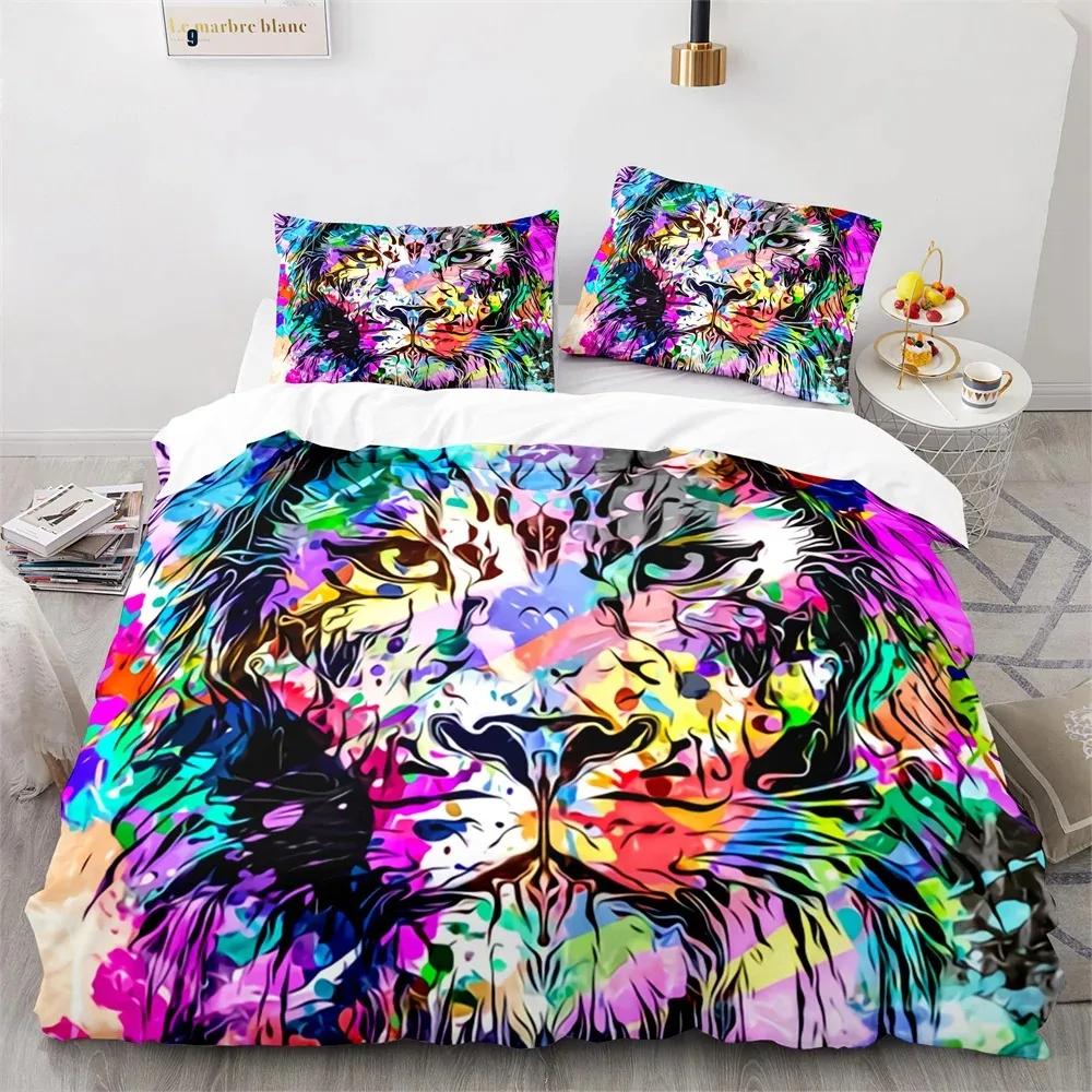 Lion Duvet Cover Set 3D Print Wild Animals Colourful King Queen Size for Kids Teens Adults Bedding Set Polyester Comforter Cover