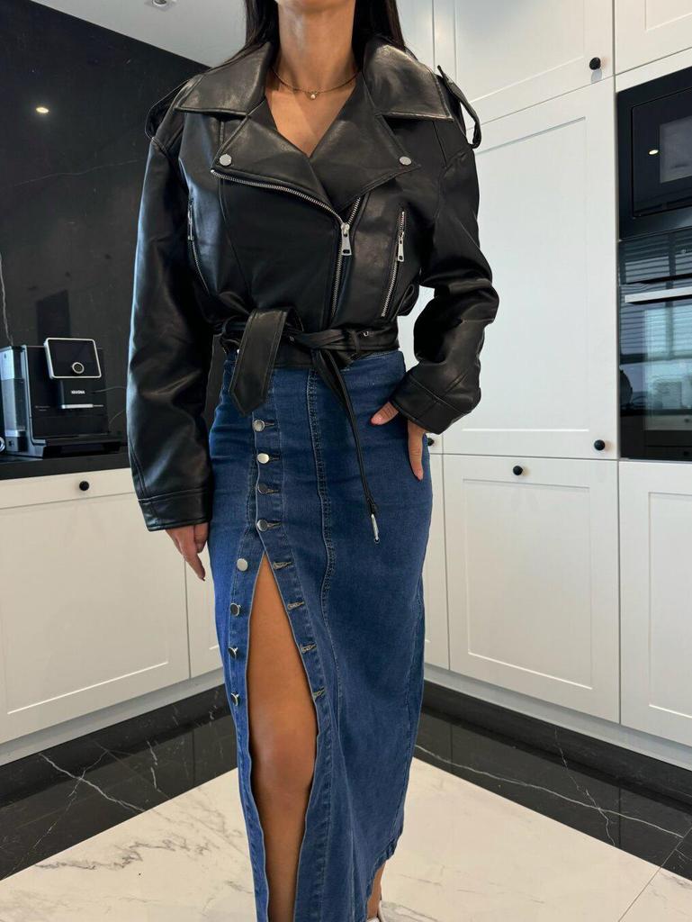 High Waist Sexy Slim Fit Denim Skirt with Button Slit for Women