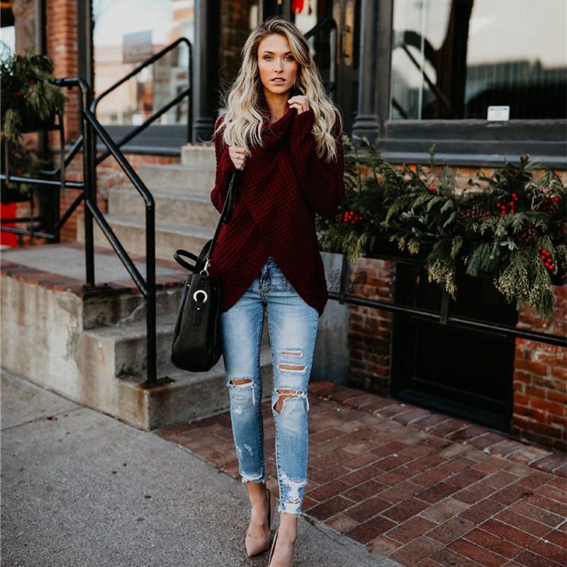 Women's High Neck Solid Color Knit Pullover Sweater 2026